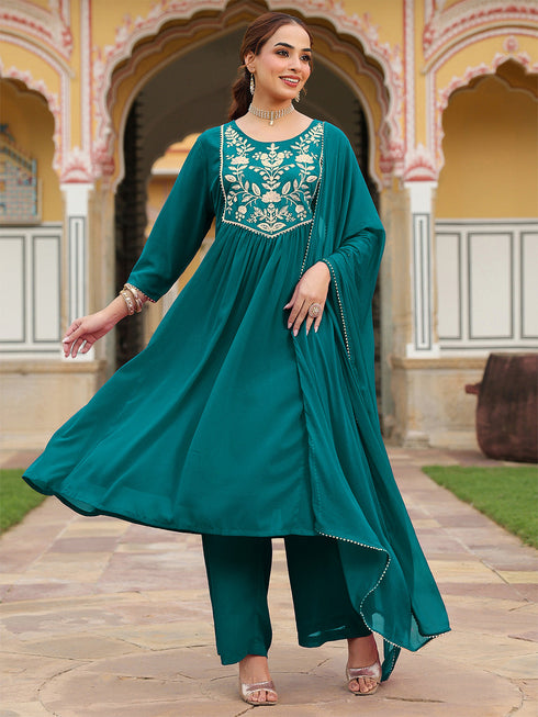 Janasya Women's Teal Green Georgette Embroidered A-line Kurta With Palazzo Dupatta Set